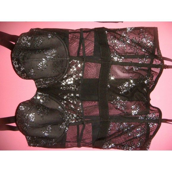 Victoria's Secret 32C,34C BRA SET+garter TEDDY+CORSET+S,M BLACK silver foil mesh - Picture 4 of 9